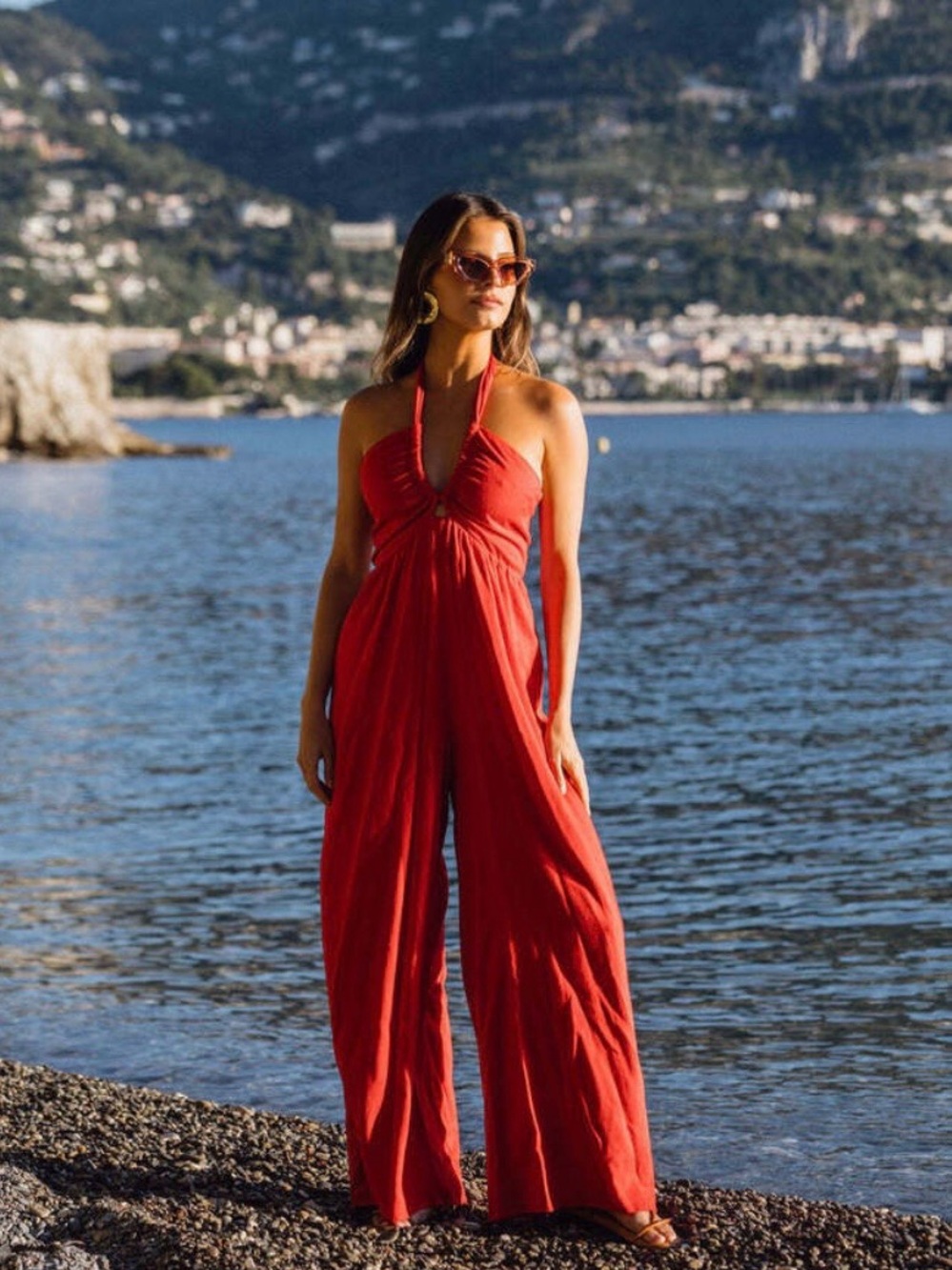 12th Tribe Red Halter Wide-Leg Jumpsuit M